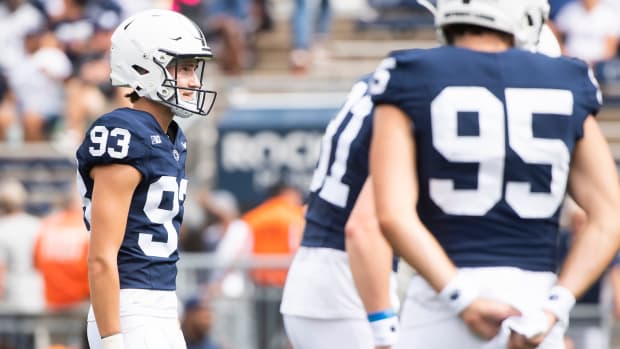 Penn State kicker Sander Sahaydak takes warmups before a Nittany Lions football game at Beaver Stadium.